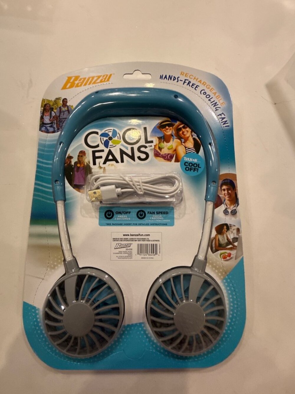 Banzai Cool Fans Rechargeable Hands-Free Cooling Fan With 3 Speeds & USB Chargin